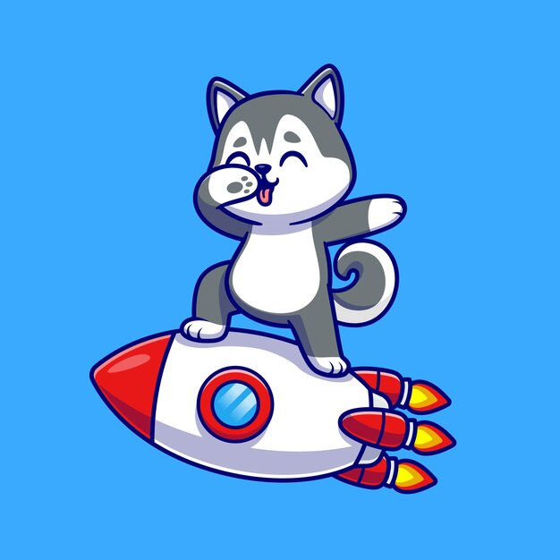 Schattige Husky hond deppen op Rocket Cartoon vectorillustratie pictogram. Dierlijke technologie pictogram Concept geïsoleerd Premium Vector. Platte cartoonstijl