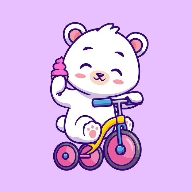 Schattige ijsbeer fiets met ijsje cartoon vectorillustratie pictogram. dierenvoedsel