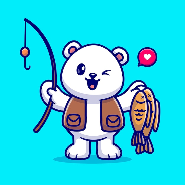 Gratis vector schattige ijsbeer vissen met hengel en vis cartoon vector pictogram illustratie dierlijke natuur