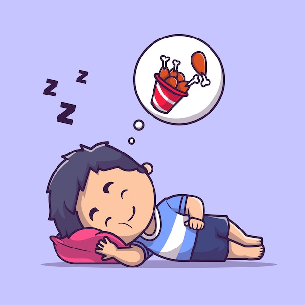 Schattige jongen slapen droom gebakken kip Cartoon vectorillustratie pictogram. Mensen eten pictogram Concept geïsoleerd Premium Vector. Platte cartoonstijl
