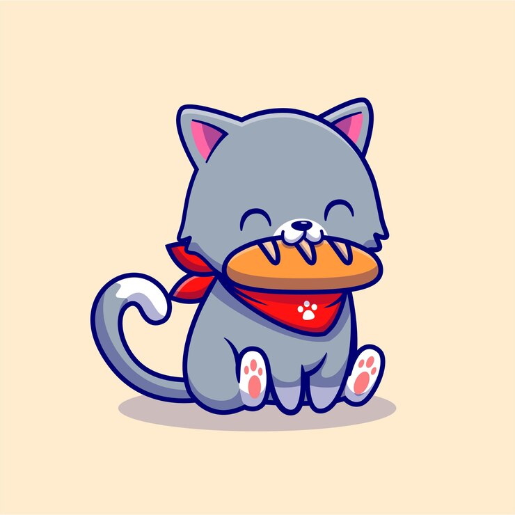 Gratis Vector schattige kat eten brood stripfiguur. dierlijk voedsel geïsoleerd.