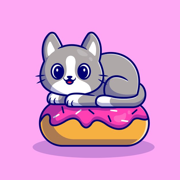 Schattige kat met donut. Flat Cartoon stijl