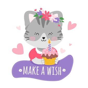 Schattige kat met een verjaardagsmuffin met een kaars verjaardagskaartuitnodiging