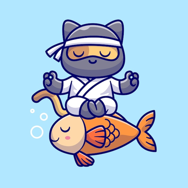 Schattige kat ninja meditatie yoga op vis cartoon vectorillustratie pictogram. dierlijke vakantie geïsoleerd