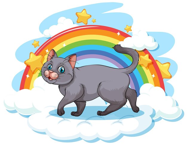 Schattige kat op de wolk met regenboog