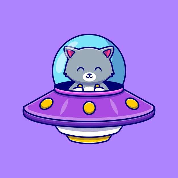 Schattige kat rijden ruimteschip Ufo Cartoon pictogram illustratie. Dierlijke technologie pictogram concept geïsoleerd. Flat Cartoon stijl