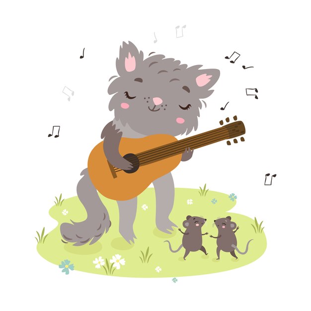 schattige kat speelt gitaar. muizen dansen