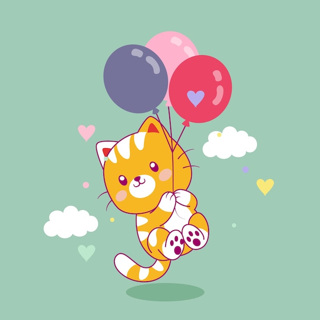 Schattige kat vliegen met ballonnen