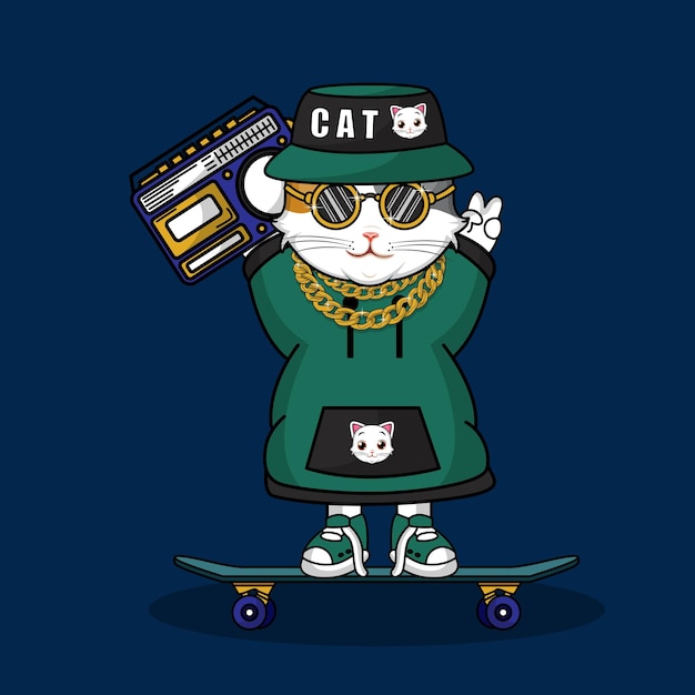 Schattige kat zittend op boombox-radio met skateboard cartoon vectorillustratie pictogram