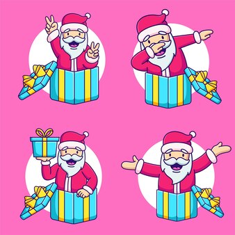 Schattige kerstman verrassend van binnenuit een geschenkdoos vectorillustratie kerstman domme cartoon