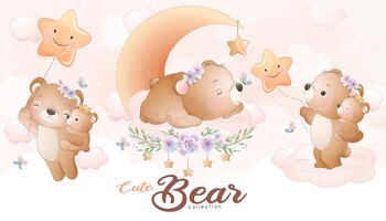 Schattige kleine beer met aquarel illustratie set