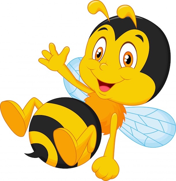 Schattige kleine bijen cartoon zwaaiende hand Premium Vector