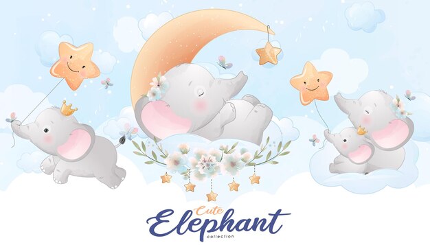 Schattige kleine olifant met aquarel illustratie set