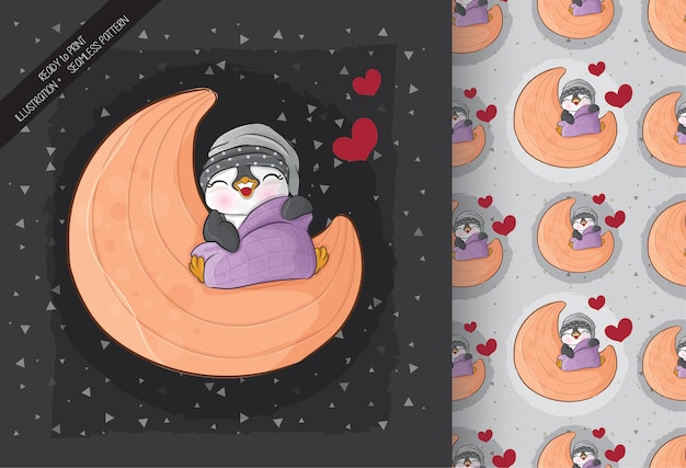 Schattige kleine pinguïn slapen op de maan illustratie illustratie van background
