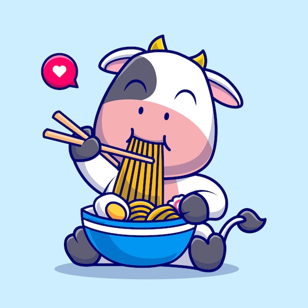 Schattige koe eten Ramen kom met eetstokje Cartoon vector pictogram illustratie dierlijk voedsel geïsoleerd