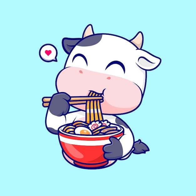Schattige koe eten ramen noodle cartoon vector pictogram illustratie dierlijk voedsel pictogram concept geïsoleerd