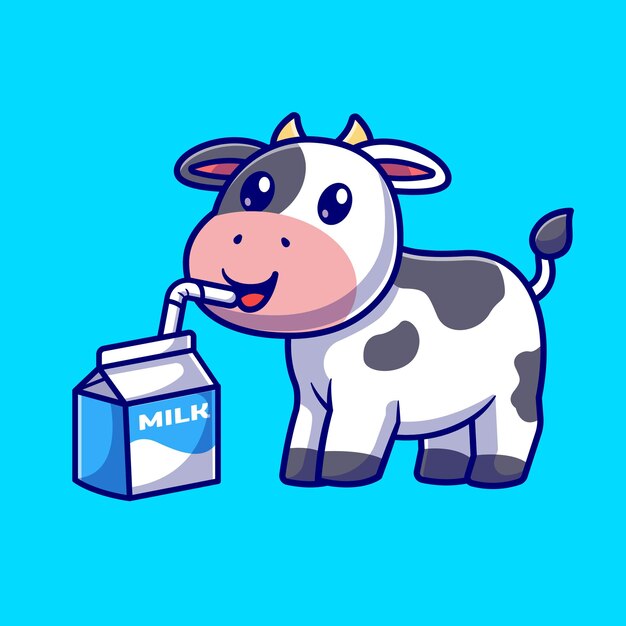 Schattige koe melk drinken vak Cartoon vectorillustratie pictogram. Dierlijke drank pictogram Concept geïsoleerd Premium Vector. Platte cartoonstijl