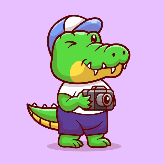 Schattige Krokodil Fotograaf Holding Camera Cartoon Vector Icon Illustratie Dierlijke Technologie Icon