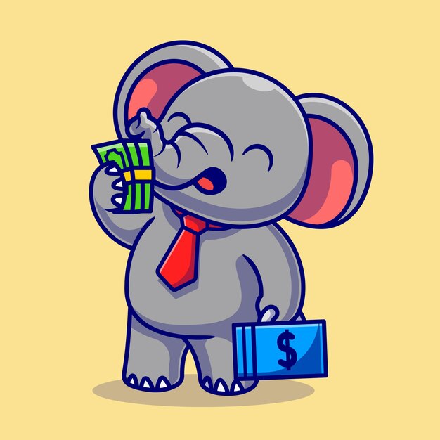 Schattige olifant bedrijf met geld Cartoon vectorillustratie pictogram. Dierlijke pictogram bedrijfsconcept geïsoleerde Premium Vector. Platte cartoonstijl