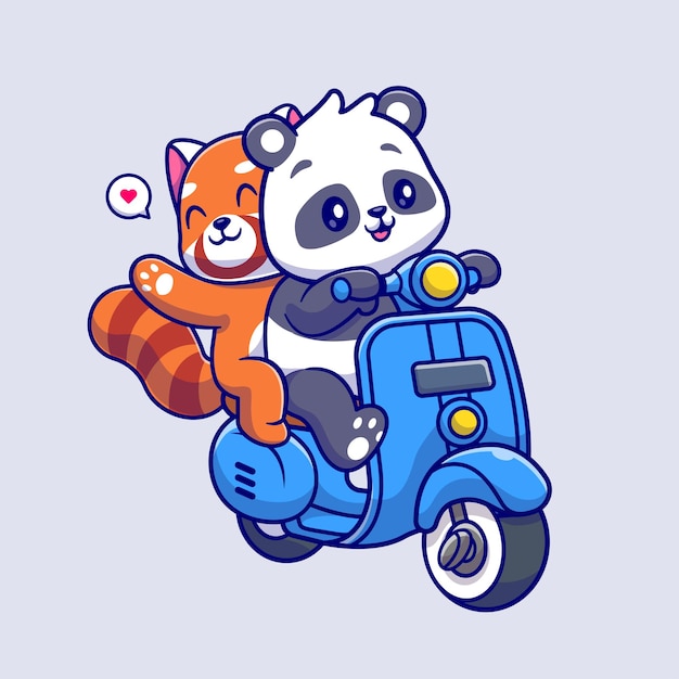 Schattige panda en rode panda rijden scooter cartoon vector pictogram illustratie. dierentransport flat