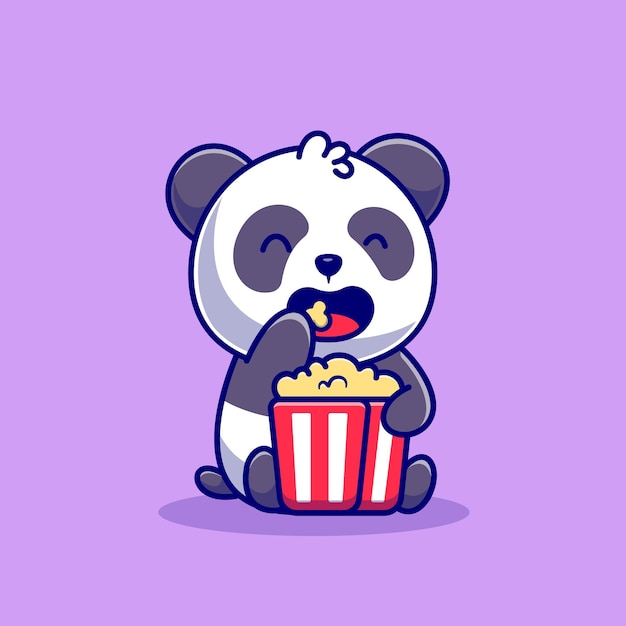Gratis vector schattige panda eten popcorn cartoon pictogram illustratie. animal food icon concept geïsoleerd. flat cartoon stijl
