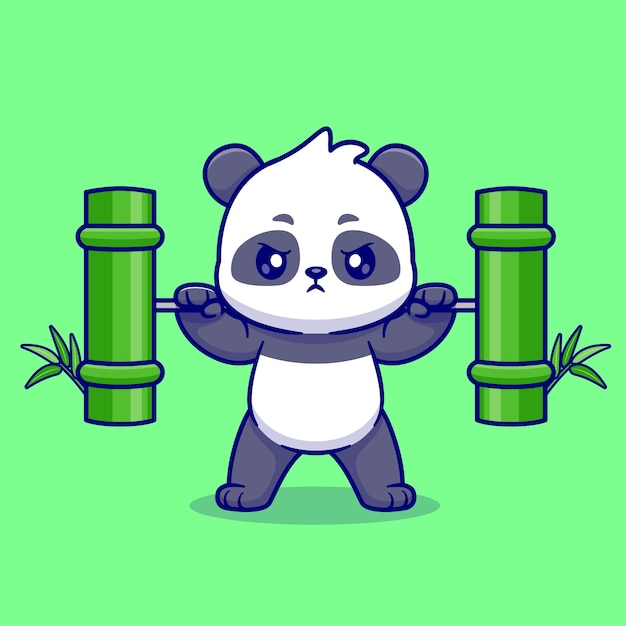 Gratis vector schattige panda hijs bamboe barbell cartoon vector pictogram illustratie dierlijke natuur pictogram geïsoleerd