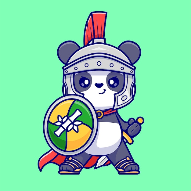 Gratis vector schattige panda ridder met schild en zwaard cartoon vector pictogram illustratie dierlijke vakantie geïsoleerd