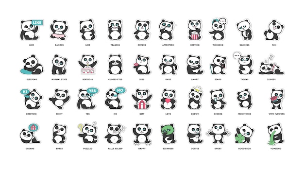 Schattige panda stickers collectie in verschillende poses verschillende stemmingen vector illustratie