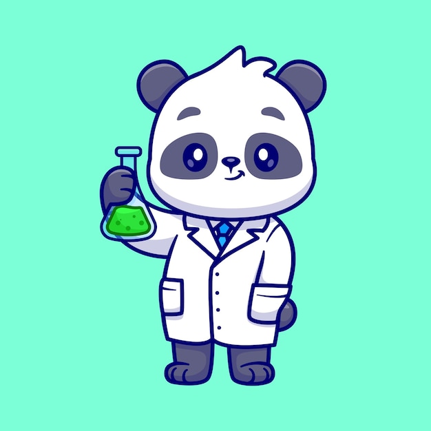 Gratis vector schattige panda wetenschapper houden lab buis cartoon vectorillustratie pictogram. dierwetenschap geïsoleerd plat