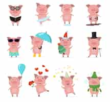 Gratis vector schattige piggy tekens platte set