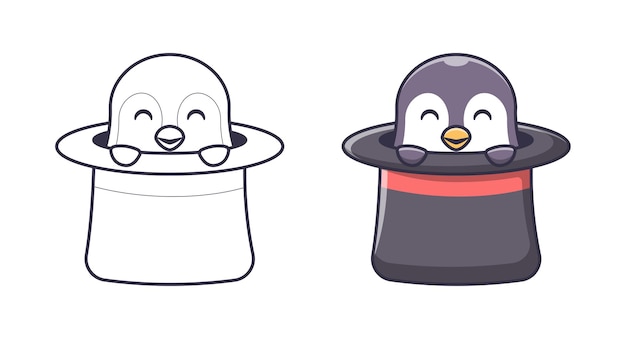 Schattige pinguïn in hoed cartoon kleurplaten voor kinderen