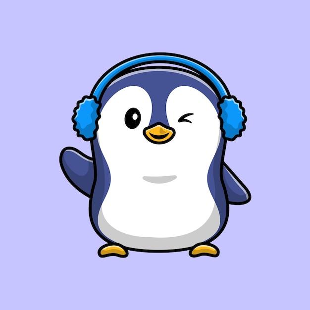 Gratis vector schattige pinguïn met oorbeschermer, stripfiguur