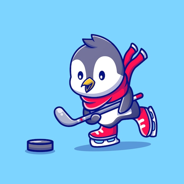 Gratis vector schattige pinguïn spelen hockey stripfiguur. dierlijke sport geïsoleerd.