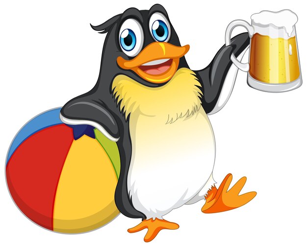Schattige pinguïn stripfiguur met strandbal en bier