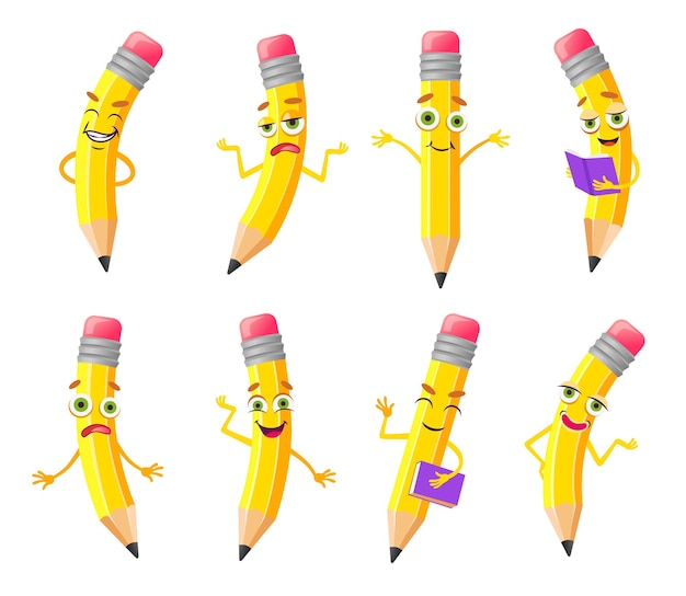 Schattige potlood cartoon karakter illustraties set