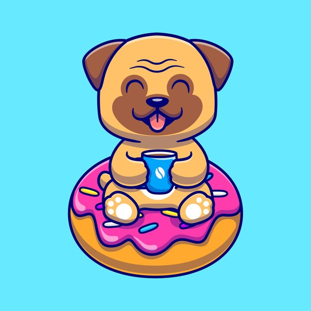 Schattige Pug Dog Met Koffie En Donut Cartoon Vector Pictogram Illustratie. Dierlijk voedsel pictogram Concept geïsoleerd Premium Vector. Platte cartoonstijl