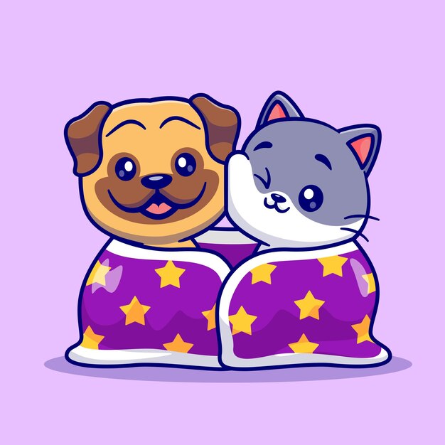 Schattige pug hond en kat dragen deken samen Cartoon vector pictogram illustratie dierlijke natuur pictogram