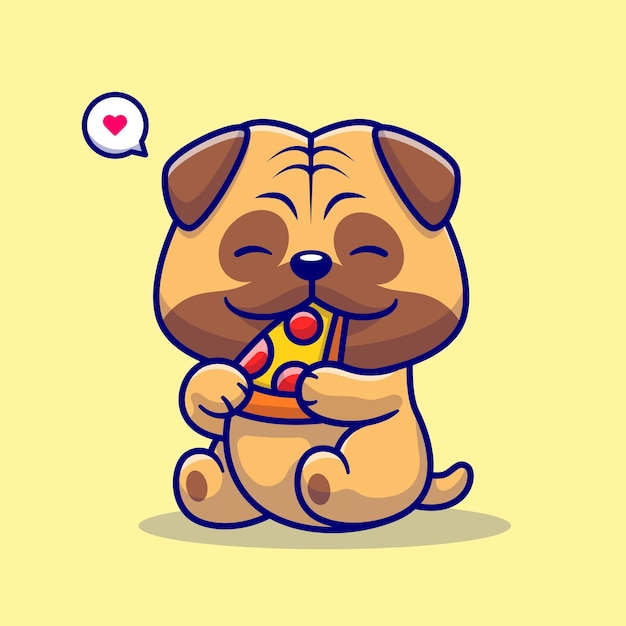 Schattige pug hond eten pizza Cartoon vector pictogram illustratie dierlijk voedsel pictogram concept geïsoleerd plat