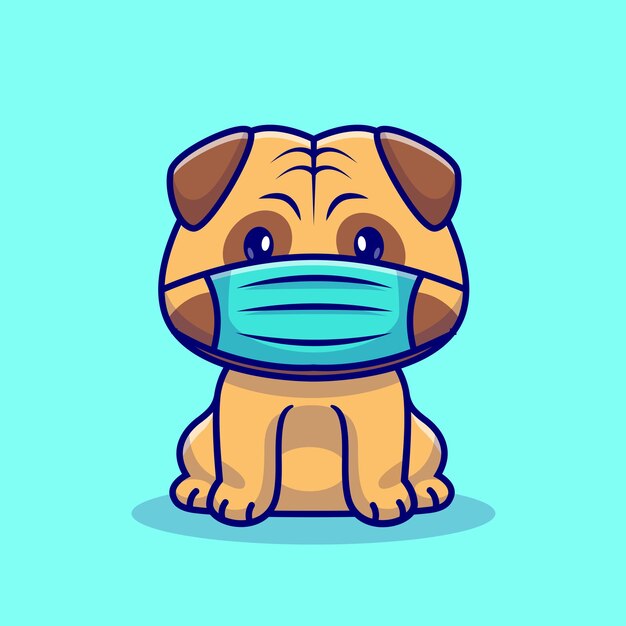 Schattige pug hond zitten en dragen van masker Cartoon vector pictogram illustratie dier gezond pictogram geïsoleerd