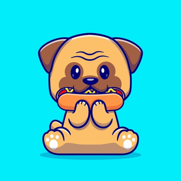 Schattige puk dog eten hotdog cartoon vectorillustratie pictogram. dierlijk voedsel pictogram concept geïsoleerd premium vector. platte cartoonstijl
