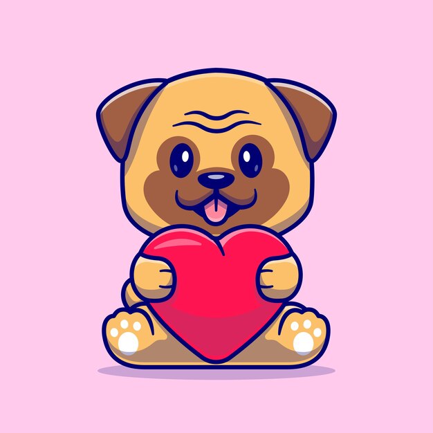 Schattige Puk Dog Holding Love Cartoon Vector Icon Illustratie. Dierenliefde pictogram Concept geïsoleerd Premium Vector. Platte cartoonstijl