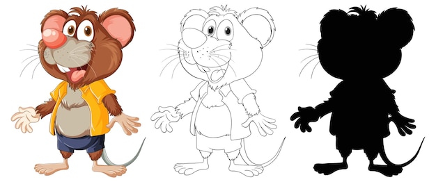 Gratis vector schattige rat stripfiguren set met omtrek en silhouet