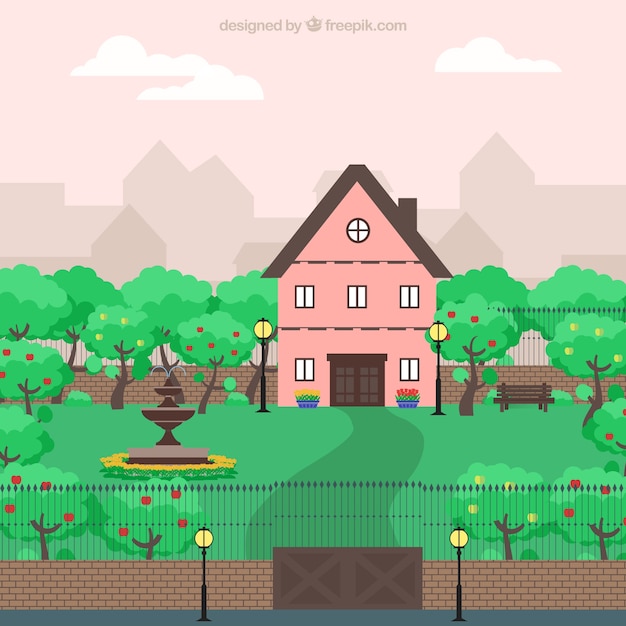 Schattige roze huis in een grote tuin