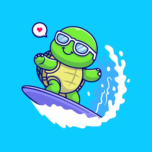 Gratis vector schattige schildpad surfen op zee cartoon vectorillustratie pictogram. dierlijke zomer pictogram concept geïsoleerd