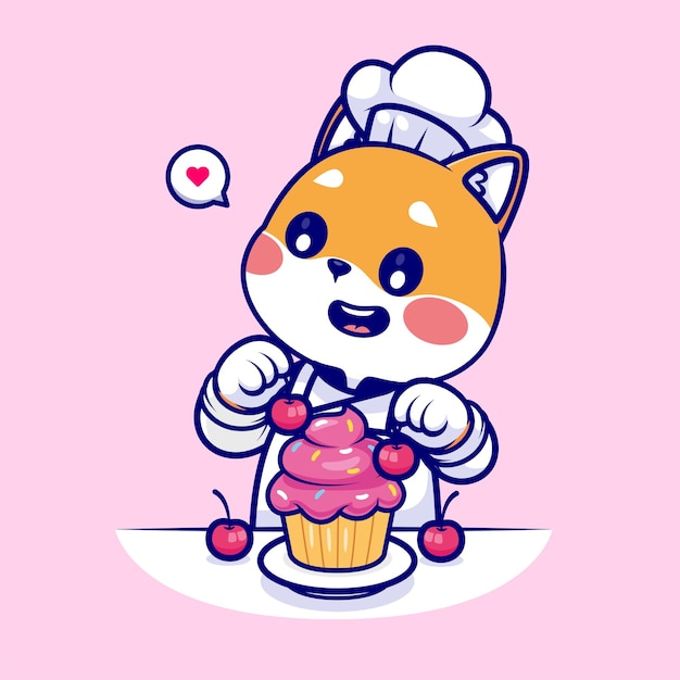 Gratis vector schattige shiba inu hond chef koken cake cartoon vector pictogram illustratie dierlijk voedsel pictogram geïsoleerd