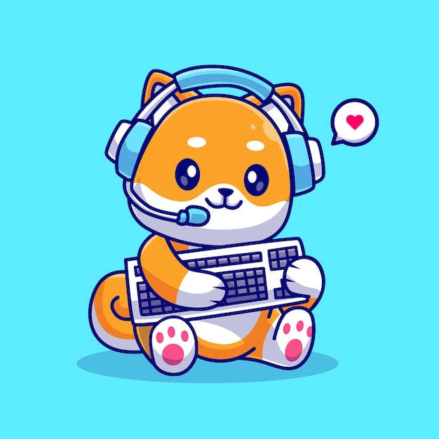 Gratis vector schattige shiba inu hond gamer toetsenbord met hoofdtelefoon cartoon vector pictogram illustratie te houden. dier