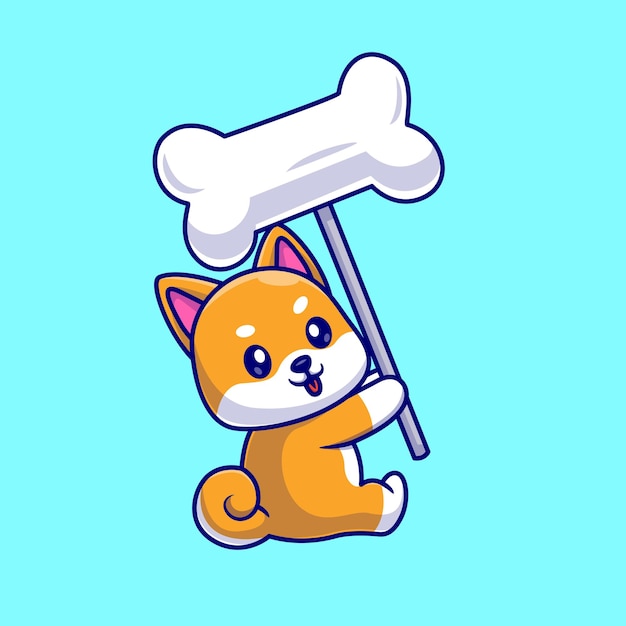 Gratis vector schattige shiba inu hond houden bot ballon cartoon vectorillustratie pictogram. dierlijke natuur geïsoleerd