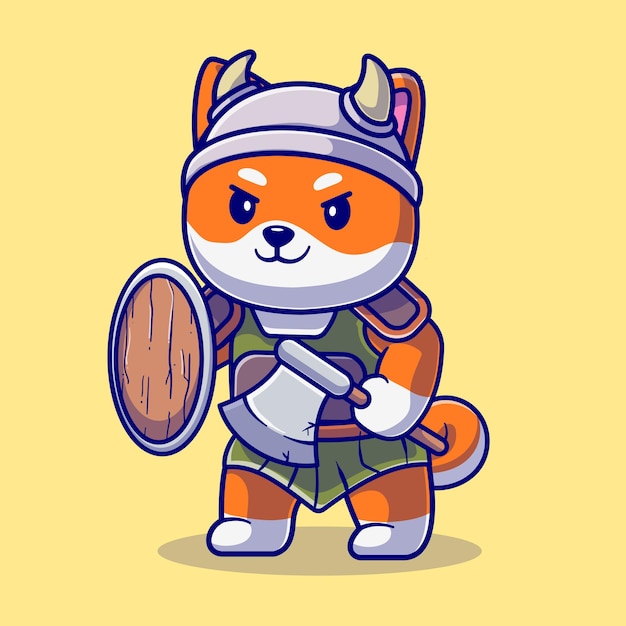 Schattige Shiba Inu hond Ridder Viking Cartoon vectorillustratie pictogram. Dierlijke natuur pictogram Concept geïsoleerd Premium Vector. Platte cartoonstijl