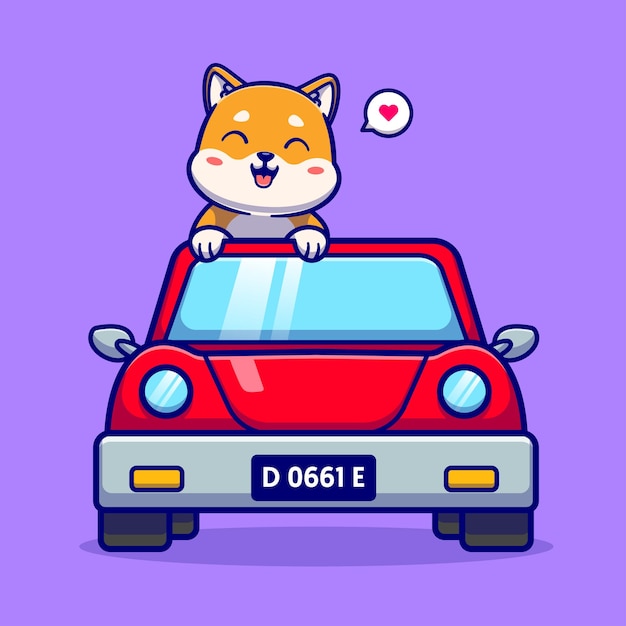 Gratis vector schattige shiba inu rijdende auto cartoon vector pictogram illustratie dier vervoer pictogram concept