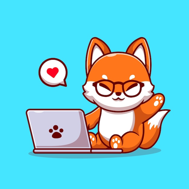 Schattige vos operationele laptop Cartoon afbeelding.